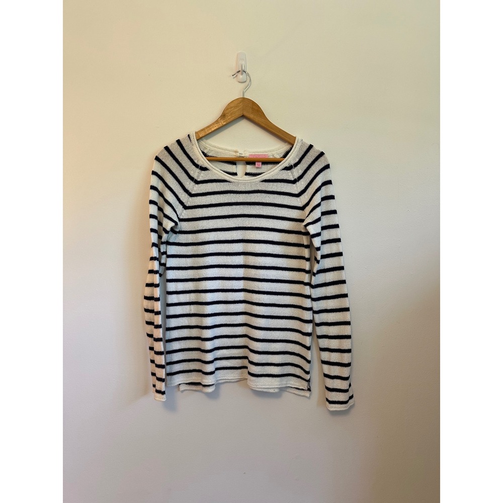 Lilly‎ Pulitzer Navy and White Striped Cotton Knit Keyhole Back Sweater | Small